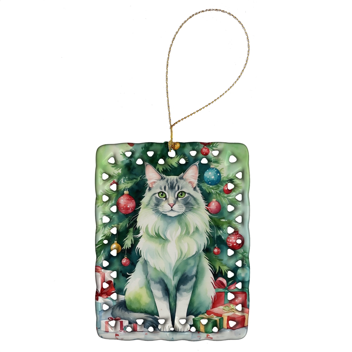 DAC7240CO2 3.4 x 2.6 in. Oriental Longhair Cat by the Christmas Tree Porcelain Ornament