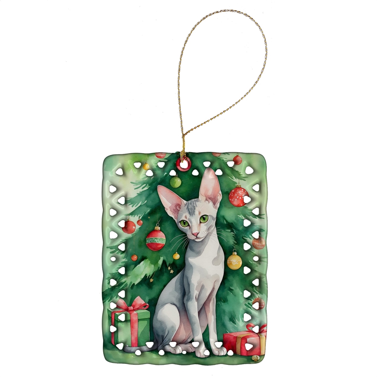 DAC7241CO2 3.4 x 2.6 in. Oriental Shorthair Cat by the Christmas Tree Porcelain Ornament