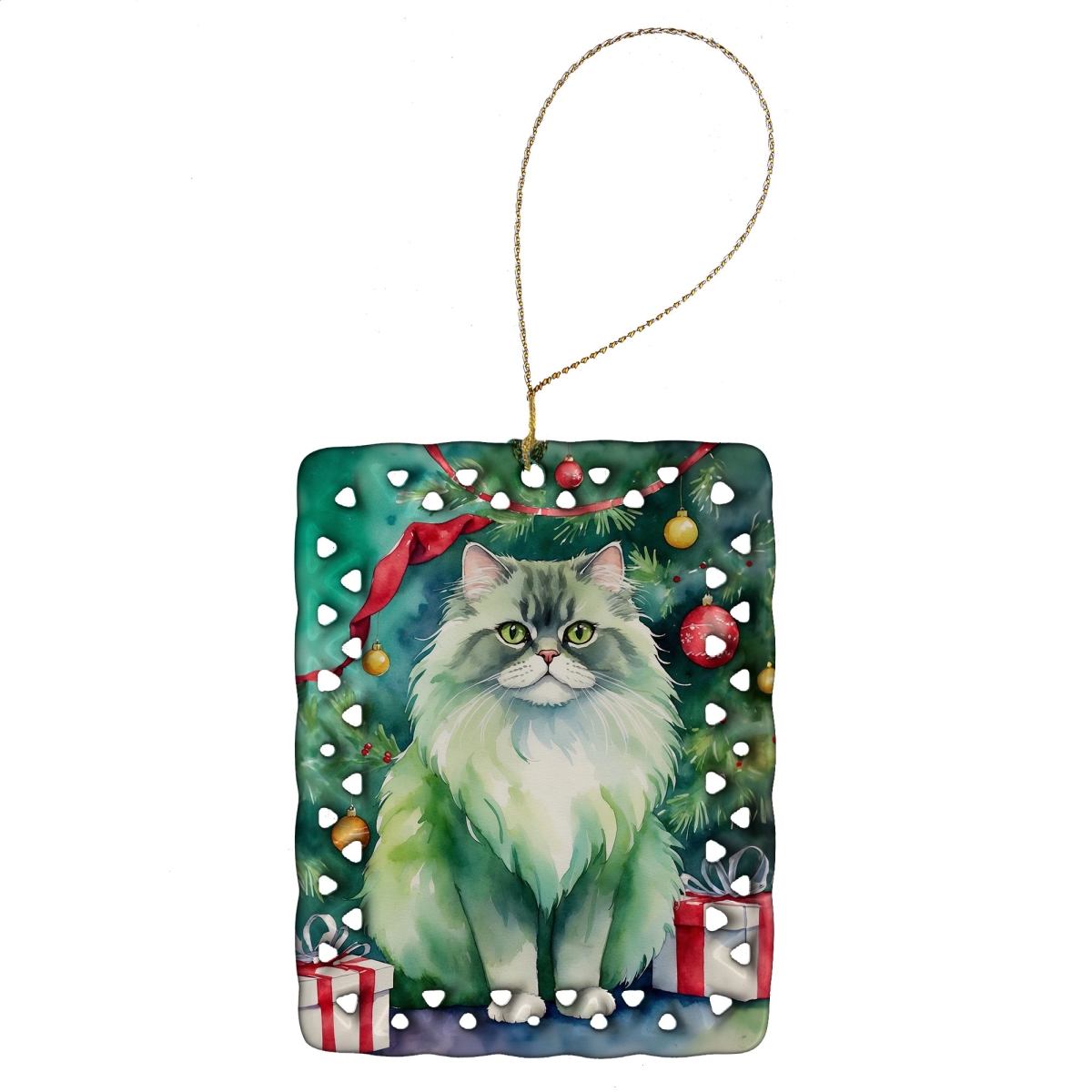 DAC7243CO2 3.4 x 2.6 in. Persian Cat by the Christmas Tree Porcelain Ornament