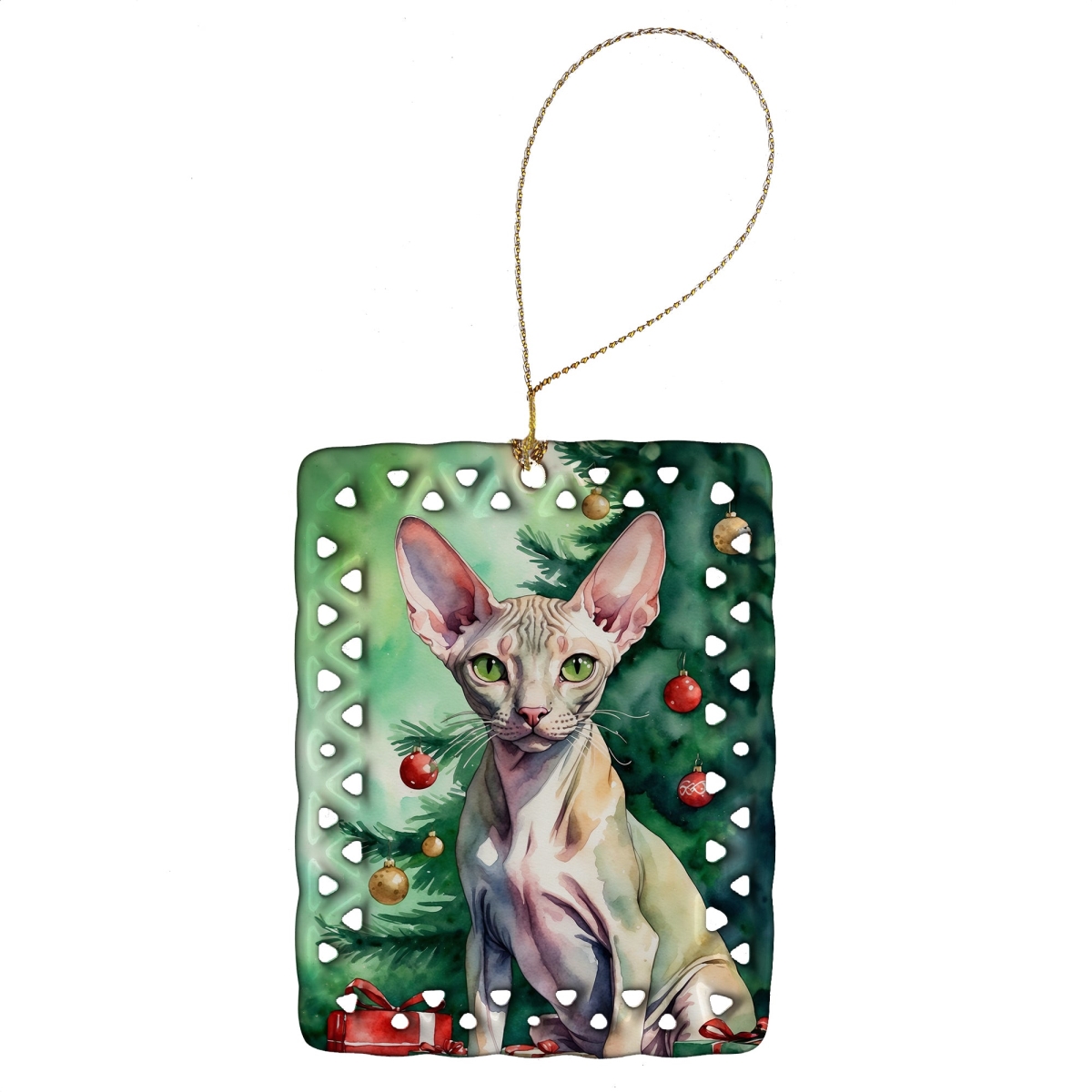 DAC7244CO2 3.4 x 2.6 in. Peterbald Cat by the Christmas Tree Porcelain Ornament