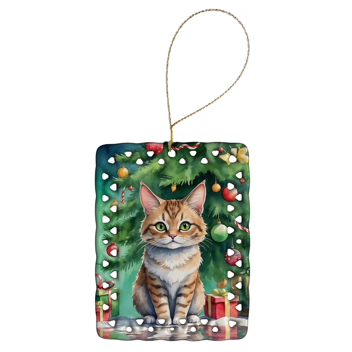 DAC7245CO2 3.4 x 2.6 in. Pixie Bob Cat by the Christmas Tree Porcelain Ornament