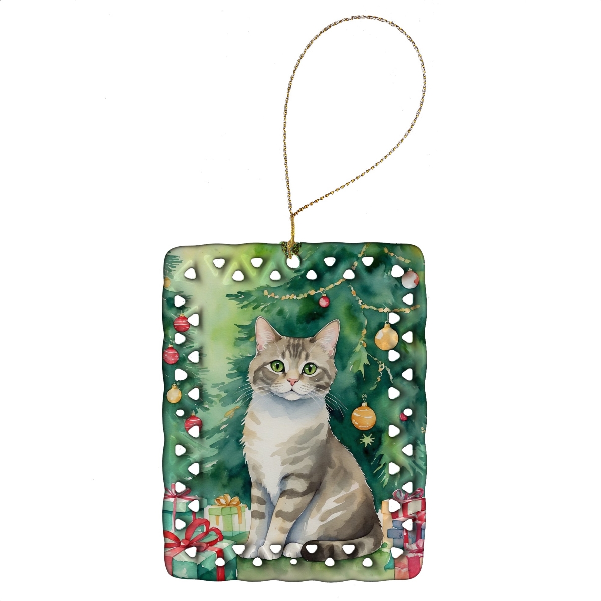 DAC7246CO2 3.4 x 2.6 in. Pudelkatze Cat by the Christmas Tree Porcelain Ornament