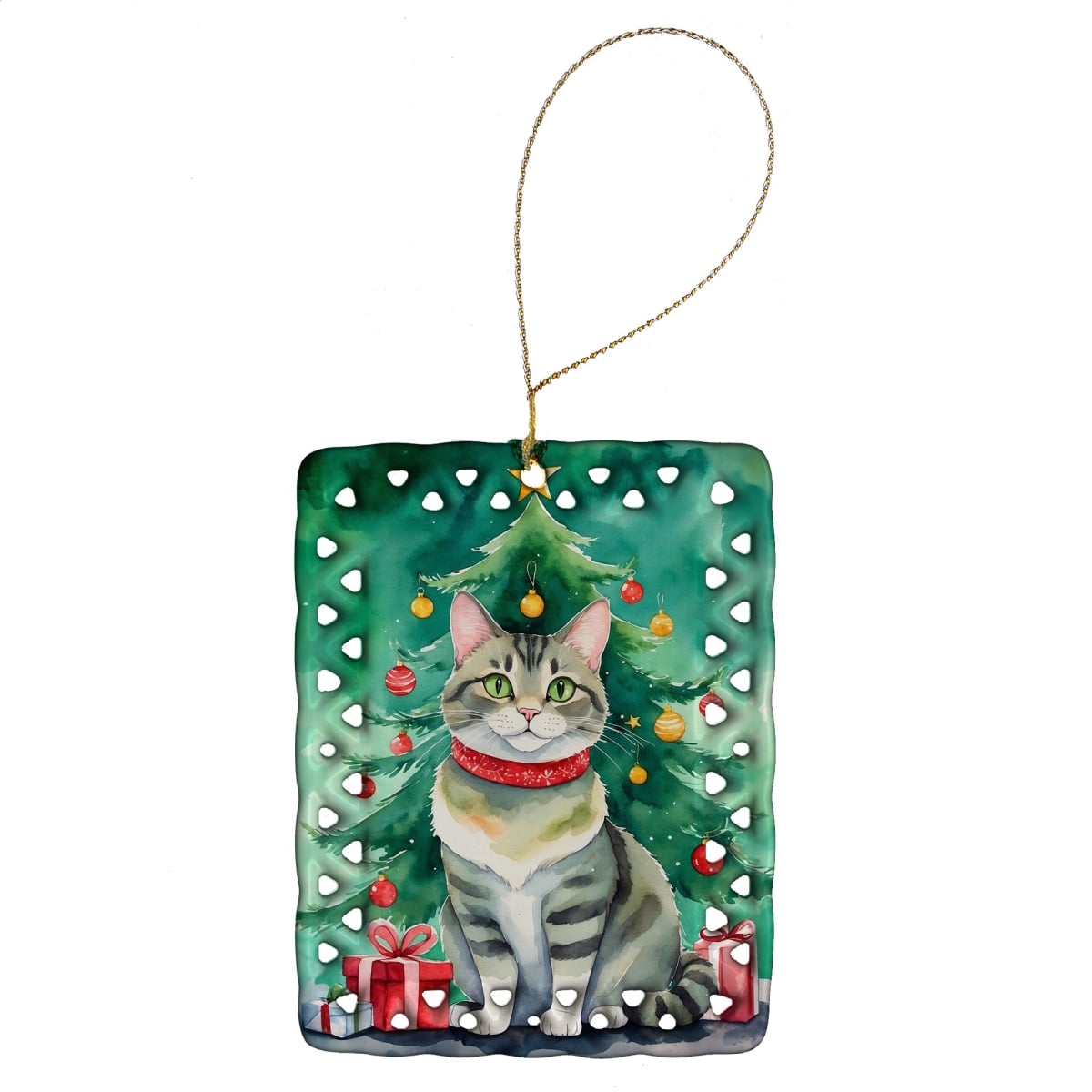 DAC7247CO2 3.4 x 2.6 in. Raas Cat by the Christmas Tree Porcelain Ornament