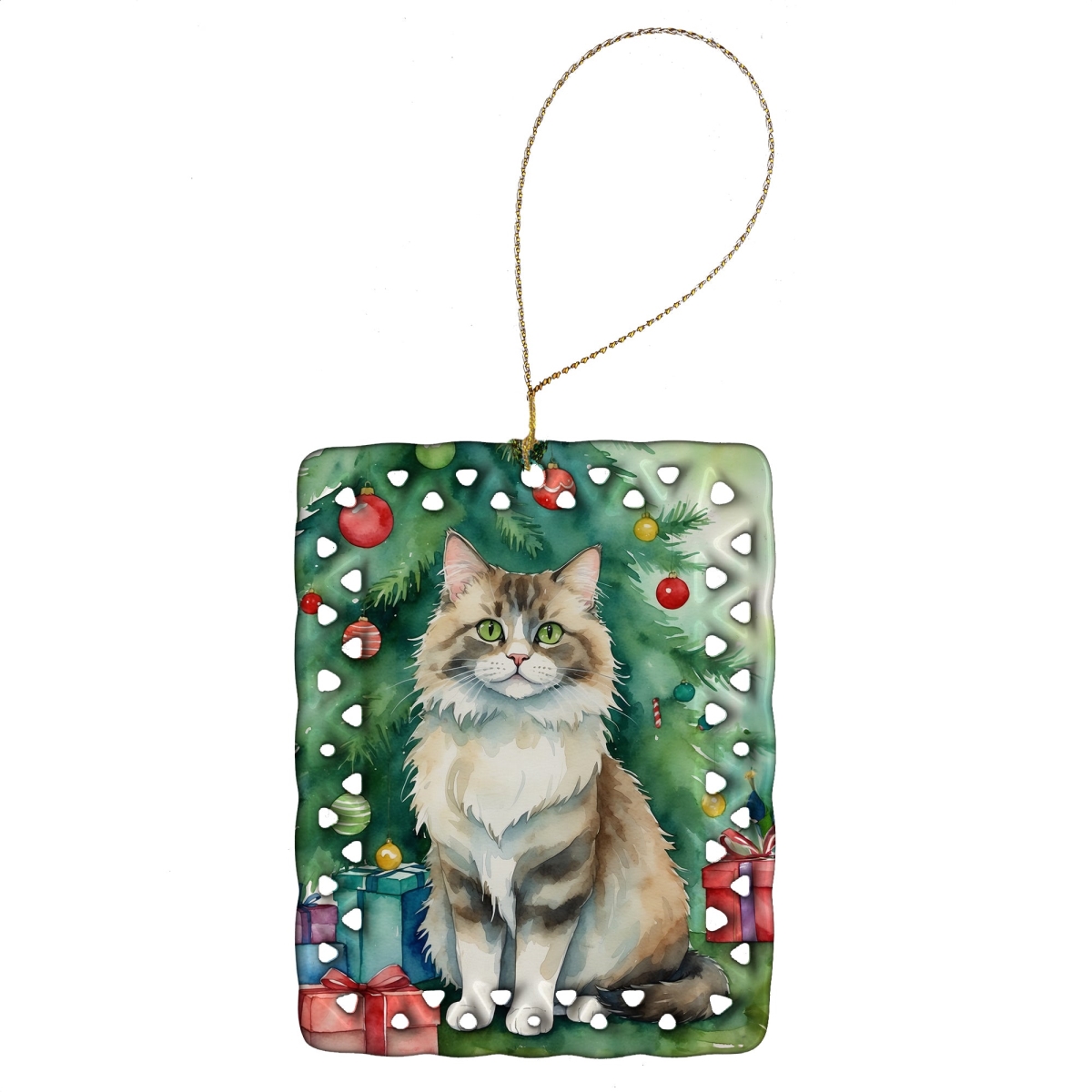 DAC7248CO2 3.4 x 2.6 in. Ragamuffin Cat by the Christmas Tree Porcelain Ornament