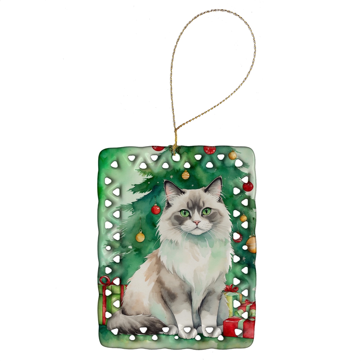 DAC7249CO2 3.4 x 2.6 in. Ragdoll Cat by the Christmas Tree Porcelain Ornament