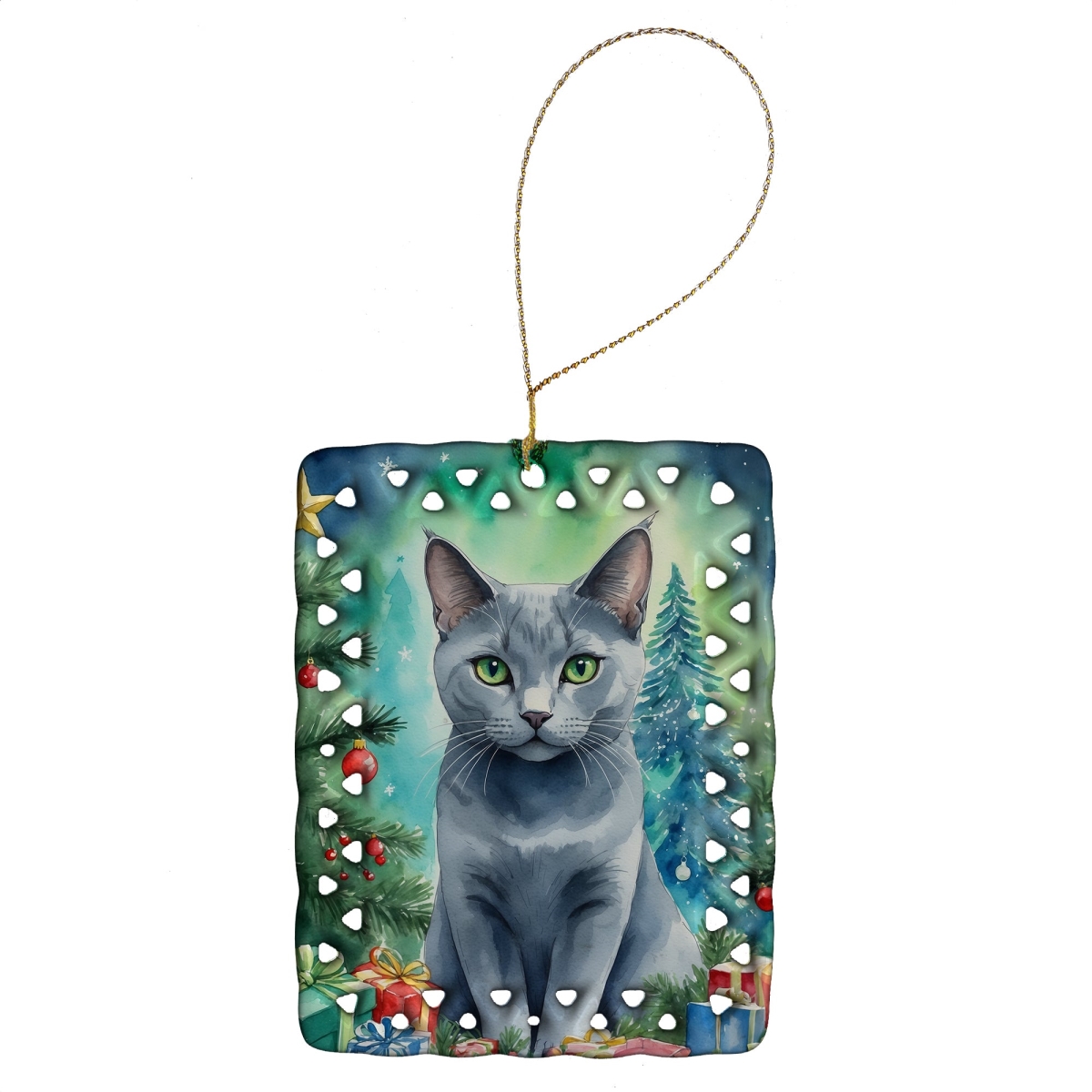 DAC7250CO2 3.4 x 2.6 in. Russian Blue Cat by the Christmas Tree Porcelain Ornament