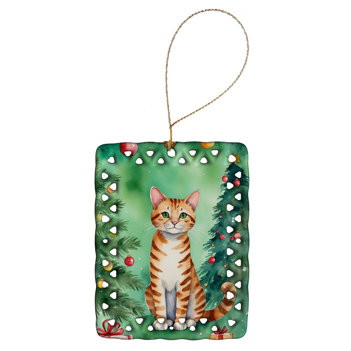 DAC7251CO2 3.4 x 2.6 in. Safari Cat by the Christmas Tree Porcelain Ornament
