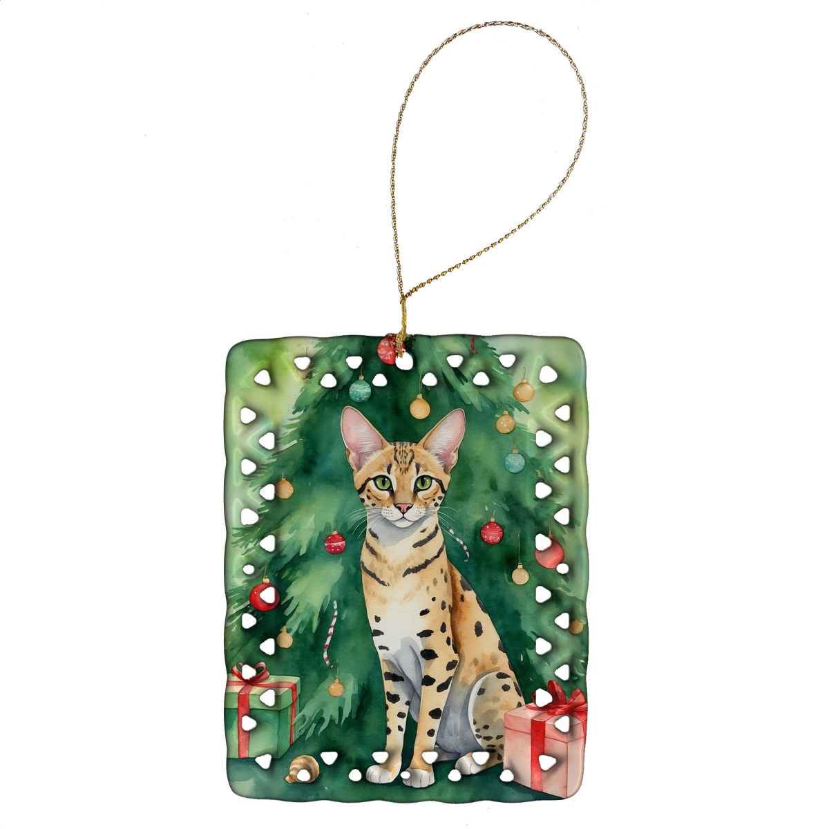 DAC7252CO2 3.4 x 2.6 in. Savannah Cat by the Christmas Tree Porcelain Ornament