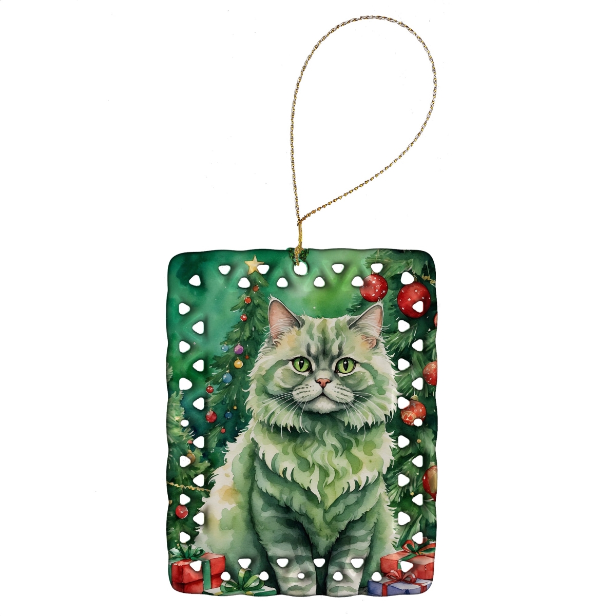 DAC7254CO2 3.4 x 2.6 in. Selkirk Rex Cat by the Christmas Tree Porcelain Ornament