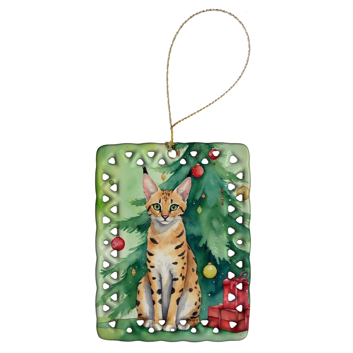 DAC7255CO2 3.4 x 2.6 in. Serengeti Cat by the Christmas Tree Porcelain Ornament