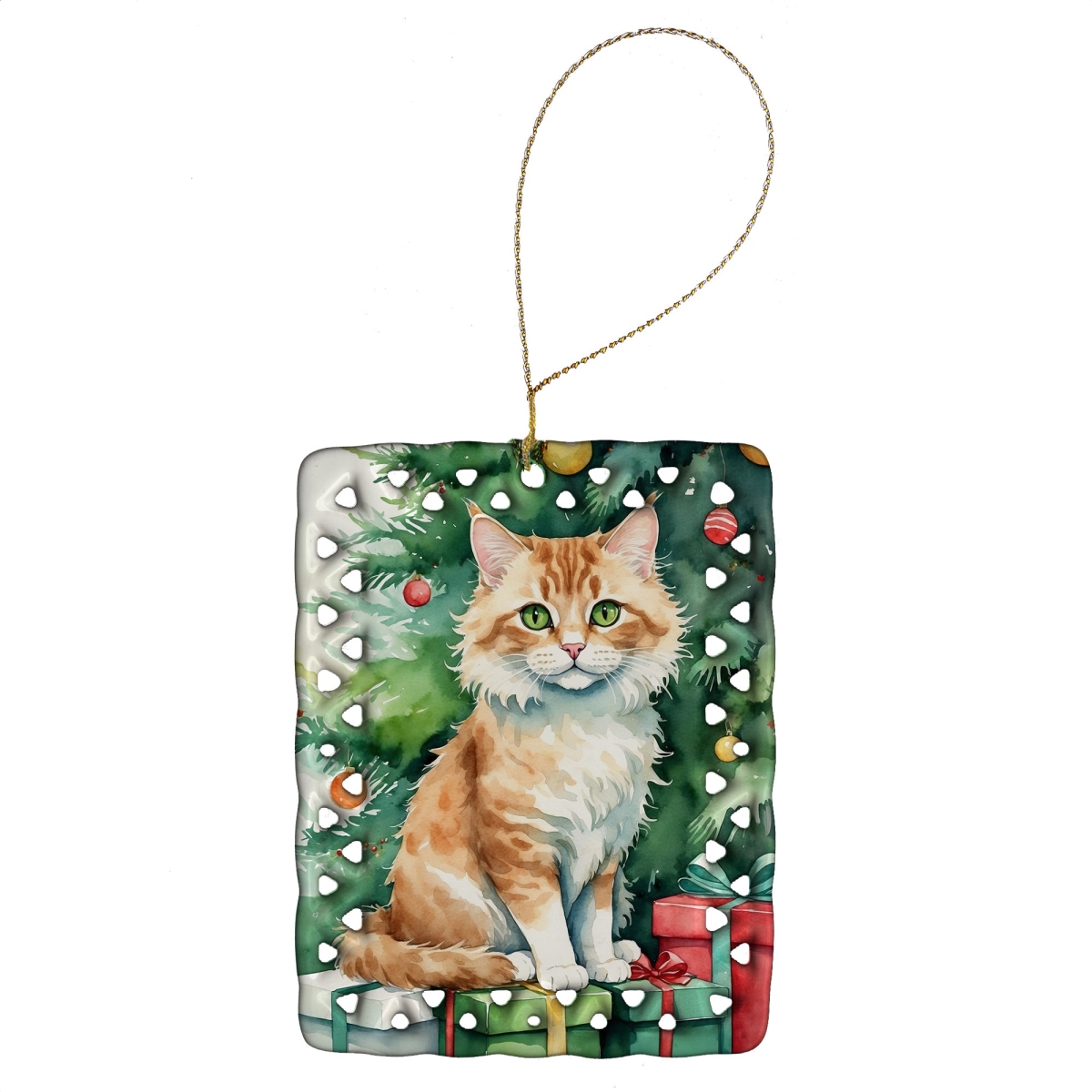 DAC7258CO2 3.4 x 2.6 in. Skookum Cat by the Christmas Tree Porcelain Ornament