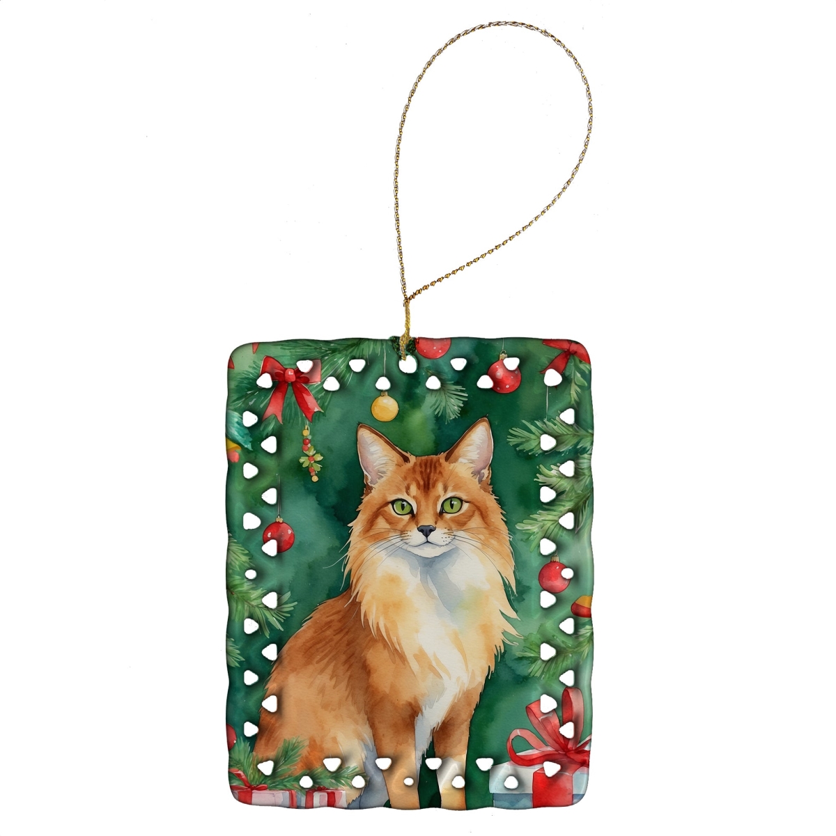 DAC7261CO2 3.4 x 2.6 in. Somali Cat by the Christmas Tree Porcelain Ornament