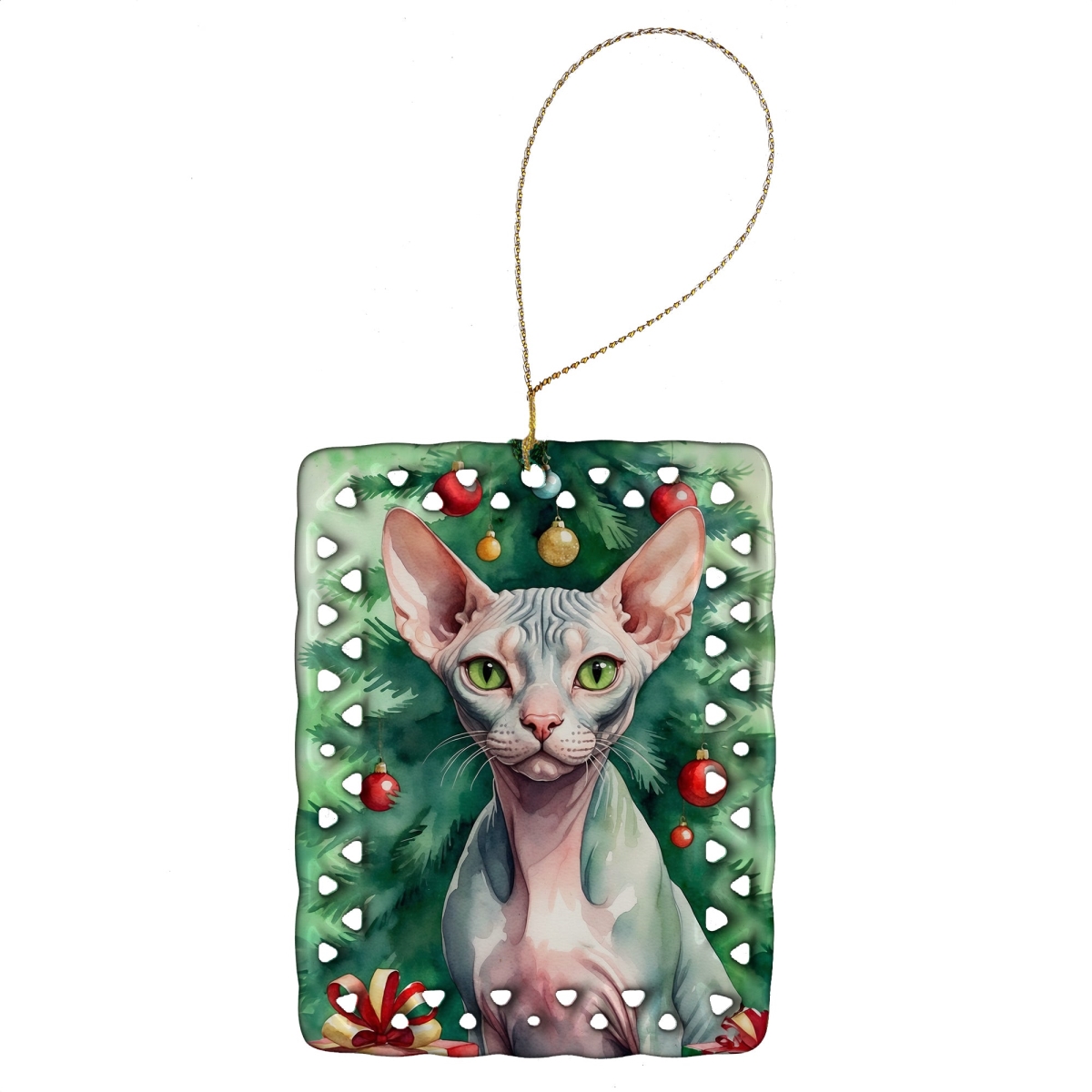 DAC7262CO2 3.4 x 2.6 in. Sphynx Cat by the Christmas Tree Porcelain Ornament