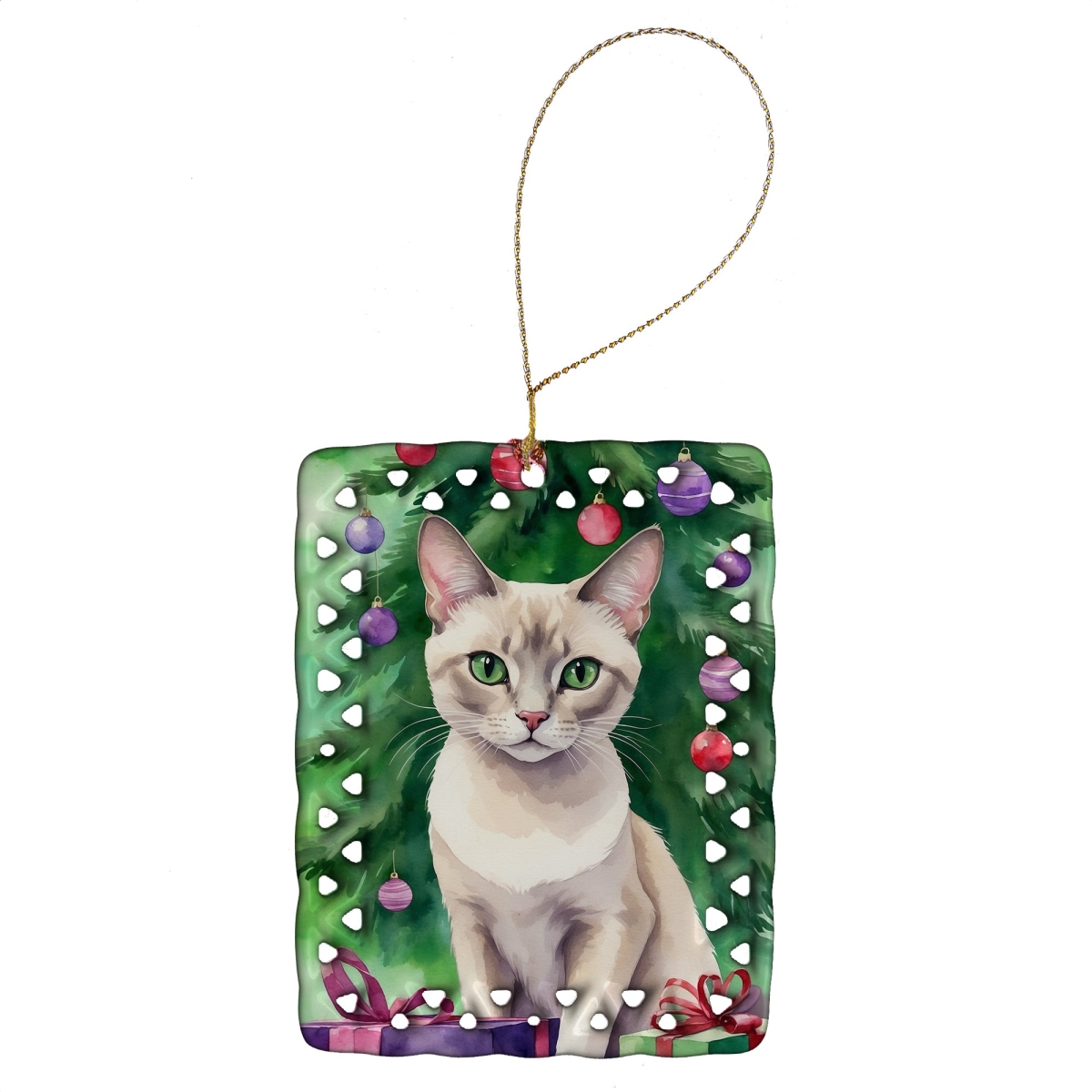 DAC7264CO2 3.4 x 2.6 in. Thai Lilac Cat by the Christmas Tree Porcelain Ornament