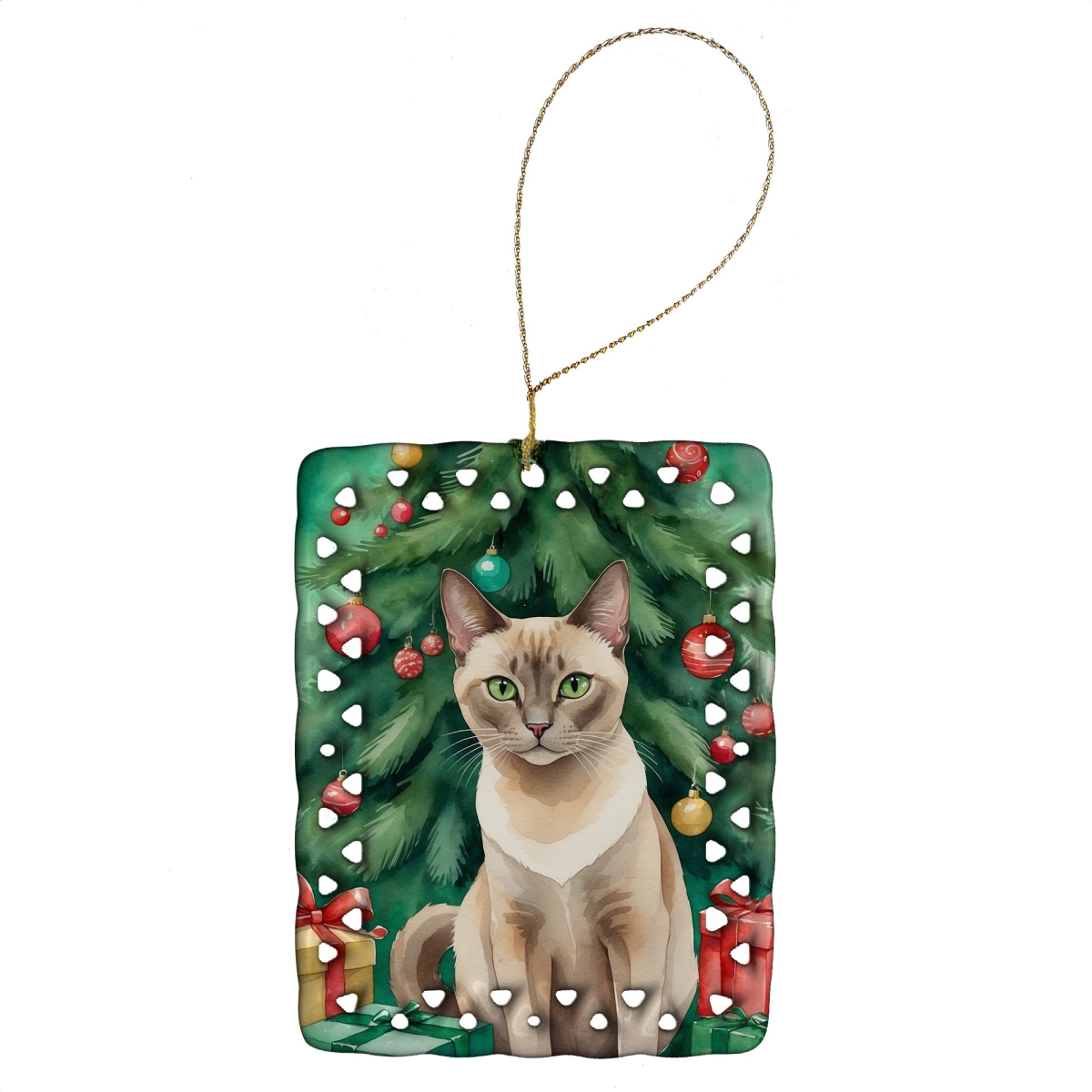 DAC7265CO2 3.4 x 2.6 in. Tonkinese Cat by the Christmas Tree Porcelain Ornament