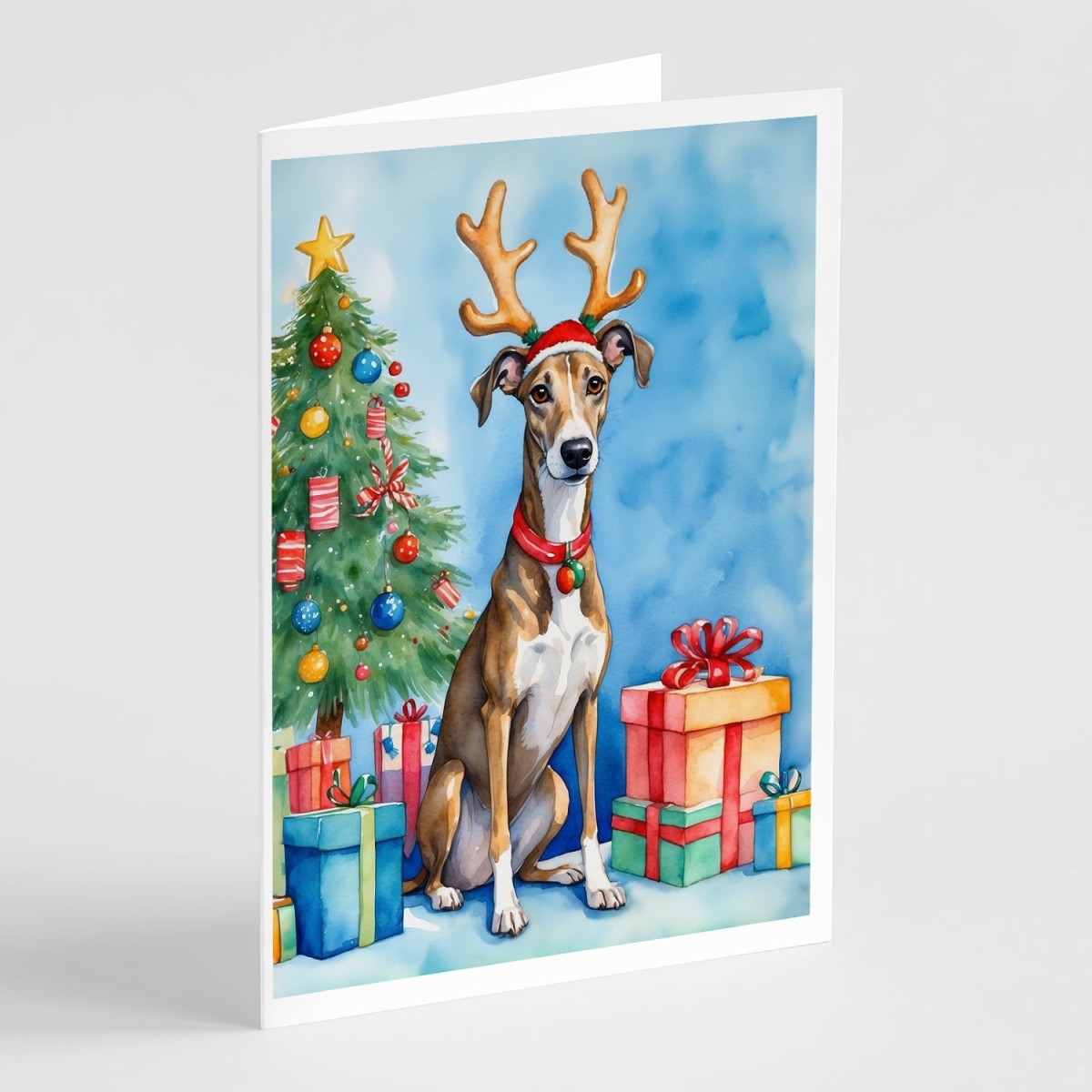 DAC7799GCA7P 5 x 7 in. Brindle Greyhound Christmas Reindeer Greeting Cards, Pack of 8