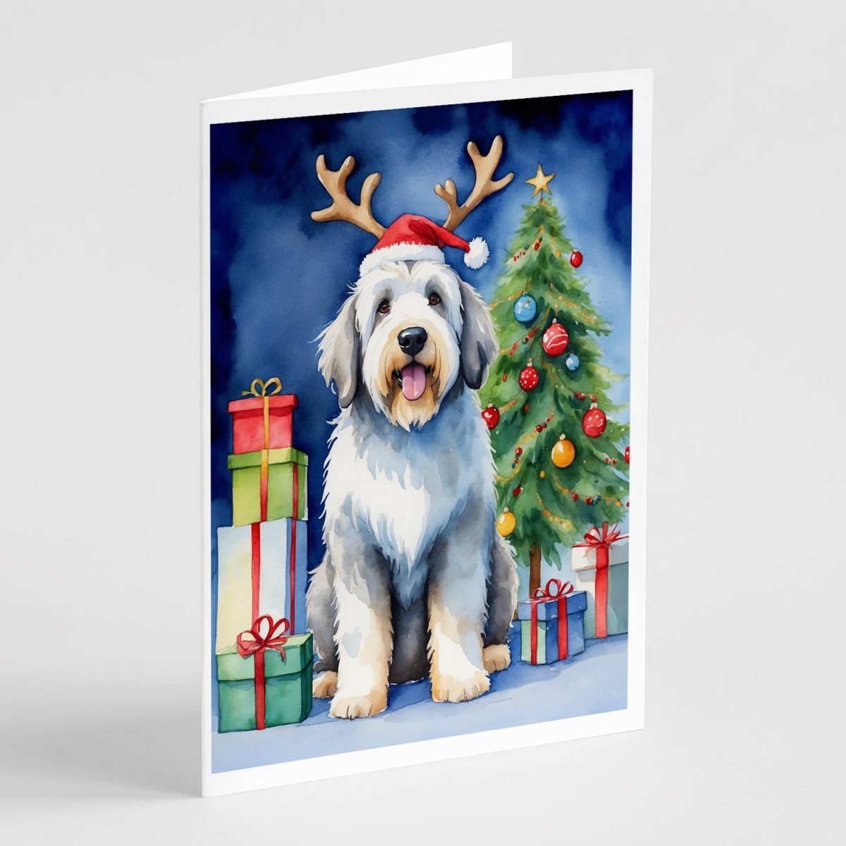 DAC7832GCA7P 5 x 7 in. Old English Sheepdog Christmas Reindeer Greeting Cards, Pack of 8