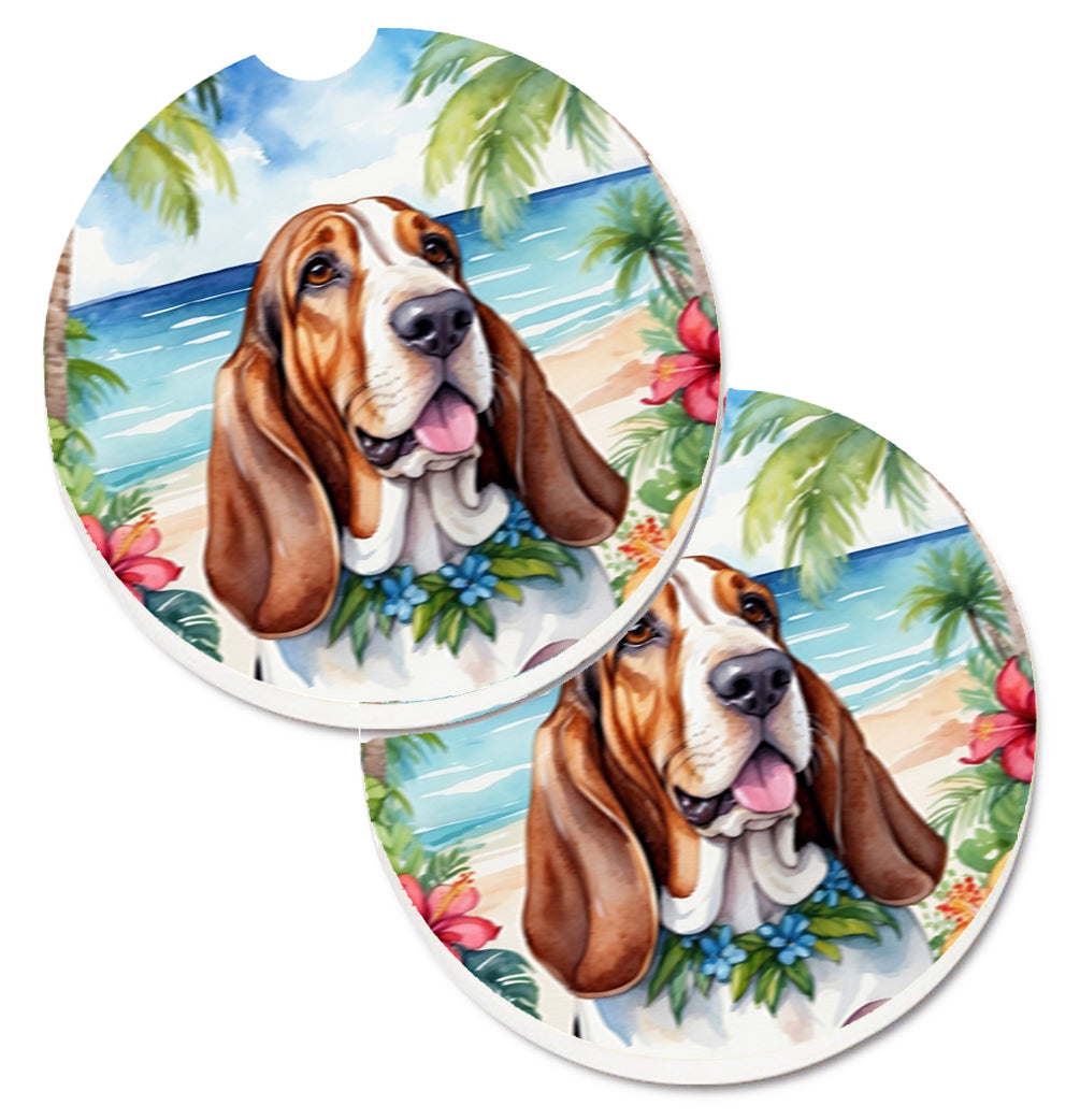 DAC6361CARC 2.5 x 2.5 in. Basset Hound Luau Cup Holder Car Coasters - Set of 2