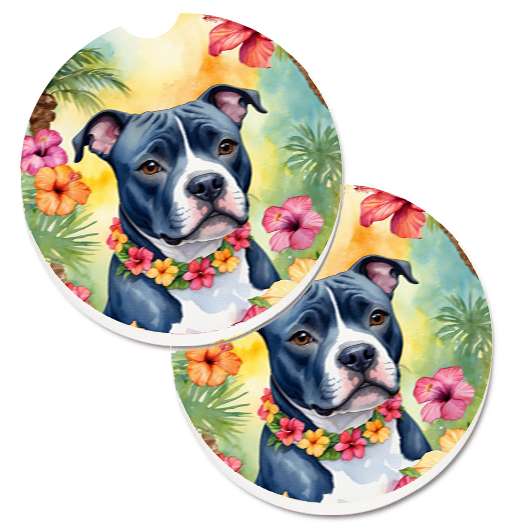 DAC6525CARC 2.5 x 2.5 in. Staffordshire Bull Terrier Luau Cup Holder Car Coasters - Set of 2