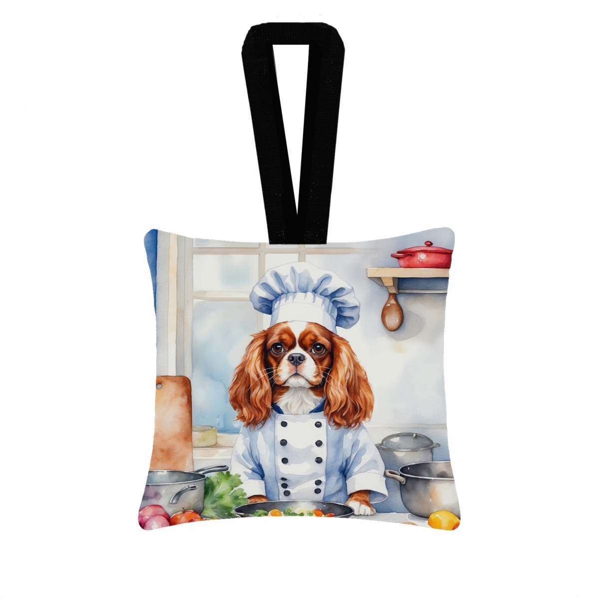 DAC6228PO3 3.5 x 3.5 in. Cavalier Spaniel The Chef Hanging Square Fabric Ornament