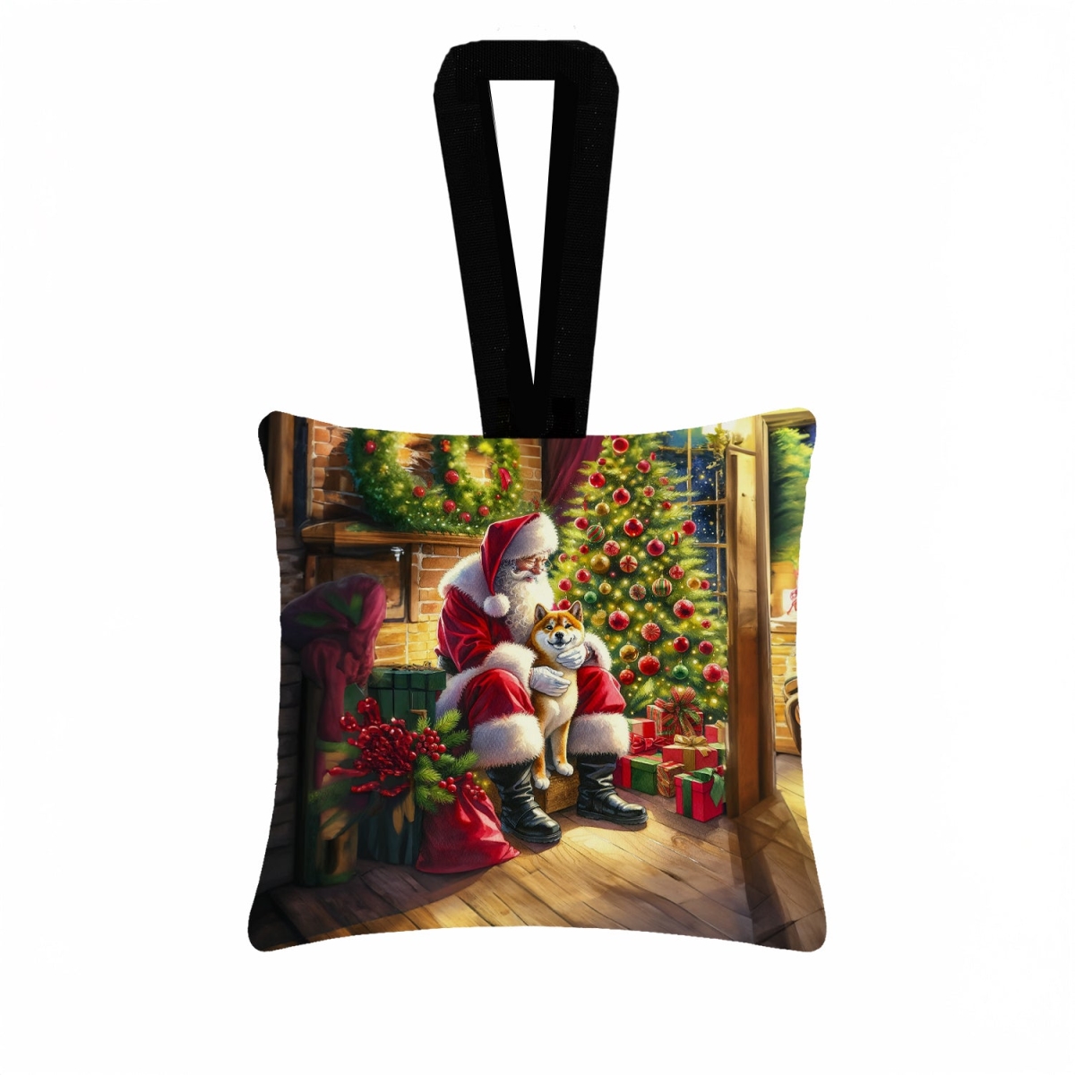 DAC4157PO3 3.5 x 3.5 in. Shiba Inu & Santa Claus Hanging Square Fabric Ornament