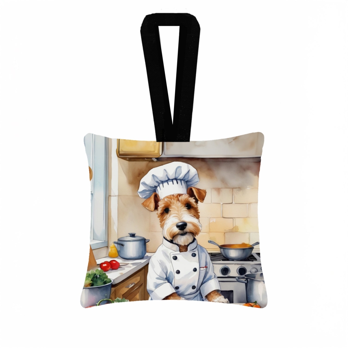 DAC6250PO3 3.5 x 3.5 in. Fox Terrier The Chef Hanging Square Fabric Ornament