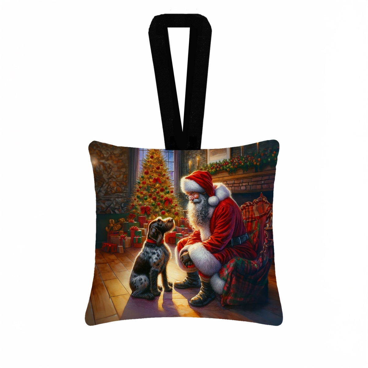 DAC4116PO3 3.5 x 3.5 in. German Wirehaired Pointer & Santa Claus Hanging Square Fabric Ornament