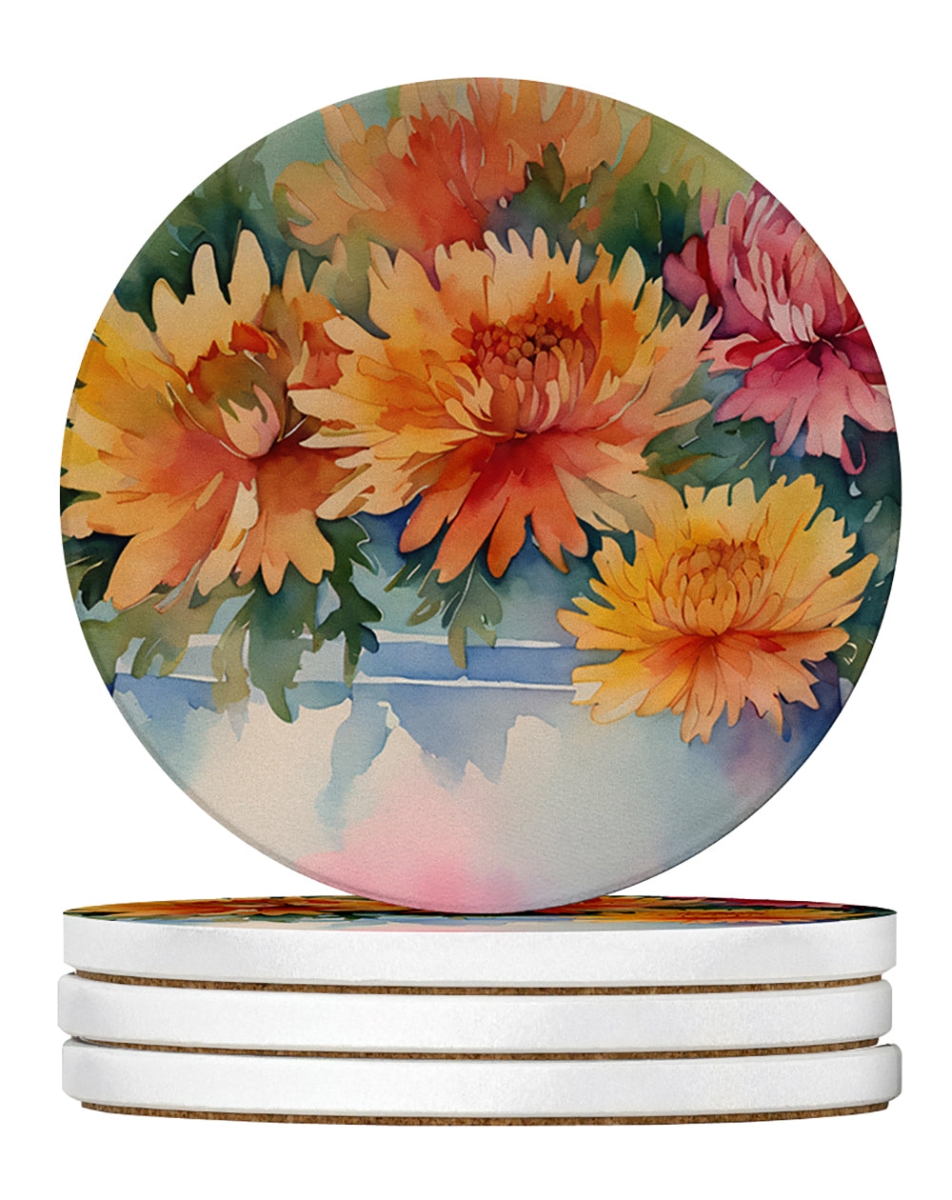 DAC1553RCS4 4 x 4 in. Chrysanthemums in Watercolor Sandstone Coasters - Large - Pack of 4