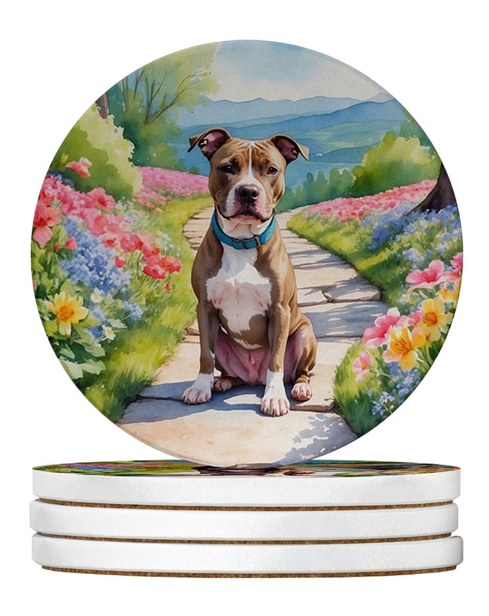 DAC6686RCS4 4 x 4 in. Pit Bull Terrier Spring Path Sandstone Coasters - Large - Pack of 4