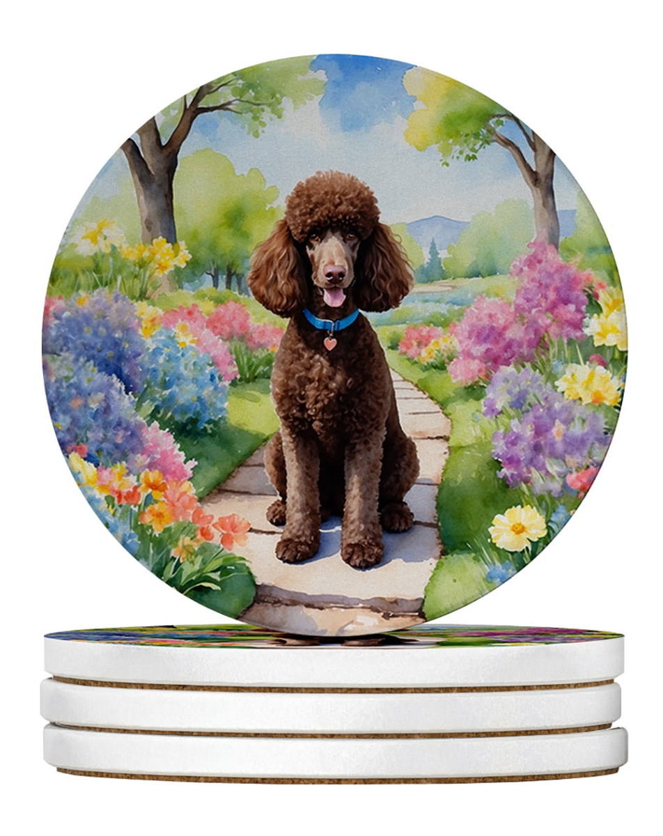 DAC6694RCS4 4 x 4 in. Chocolate Poodle Spring Path Sandstone Coasters - Large - Pack of 4