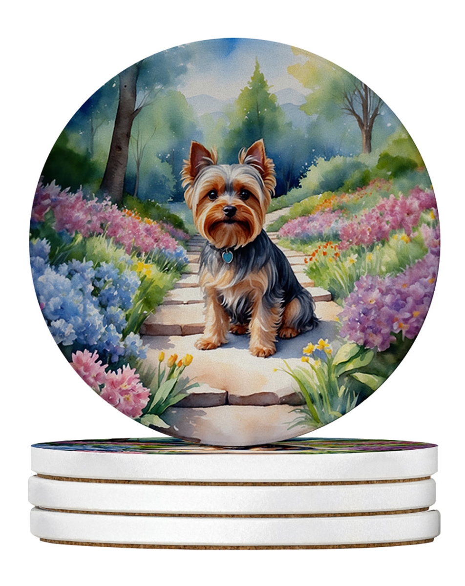 DAC6736RCS4 4 x 4 in. Yorkshire Terrier Spring Path Sandstone Coasters - Large - Pack of 4