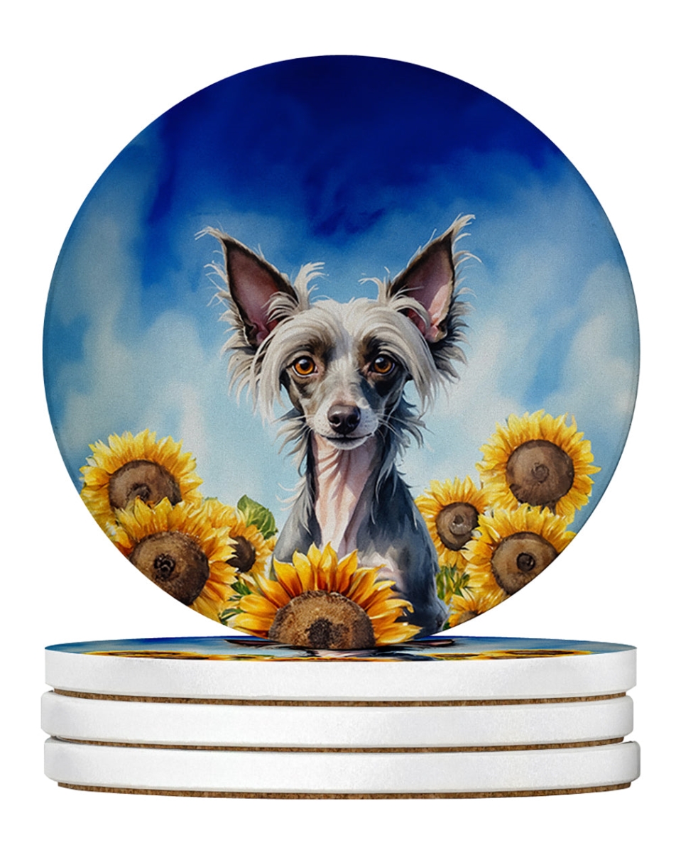 DAC6053RCS4 4 x 4 in. Chinese Crested in Sunflowers Sandstone Coasters - Large - Pack of 4