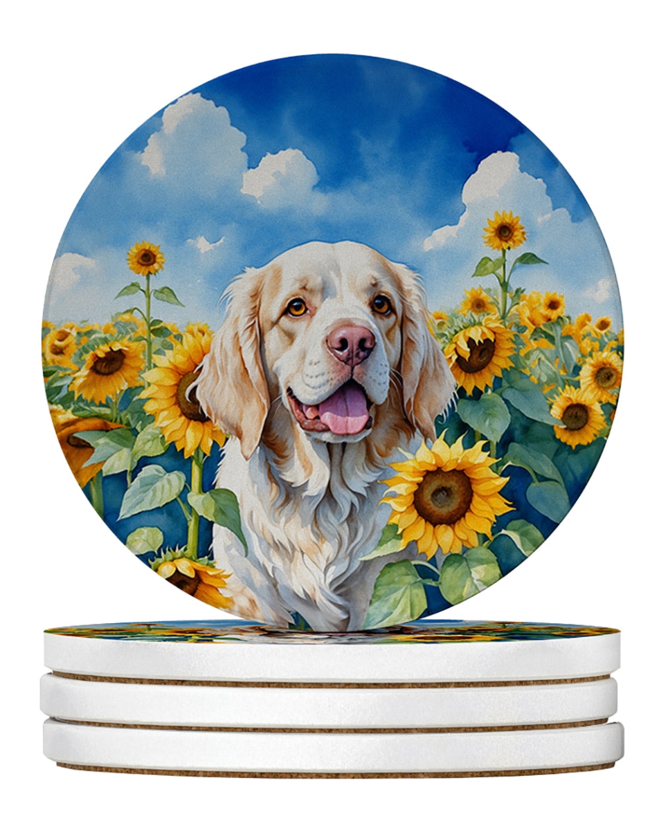 DAC6056RCS4 4 x 4 in. Clumber Spaniel in Sunflowers Sandstone Coasters - Large - Pack of 4