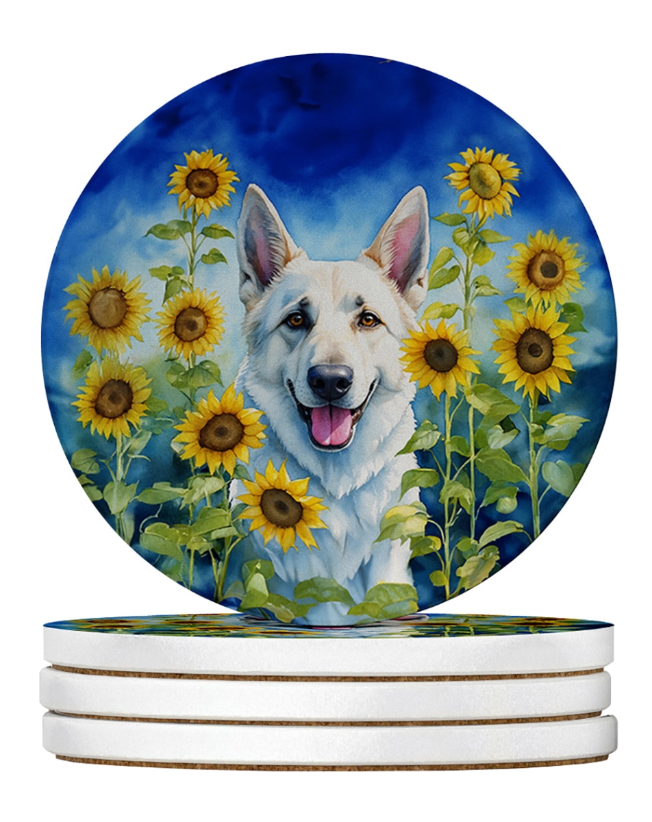 DAC6083RCS4 4 x 4 in. White German Shepherd in Sunflowers Sandstone Coasters - Large - Pack of 4