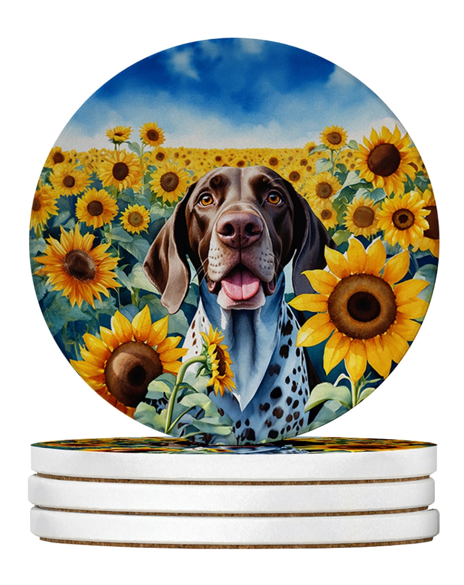 DAC6085RCS4 4 x 4 in. German Shorthaired Pointer in Sunflowers Sandstone Coasters - Large - Pack of 4