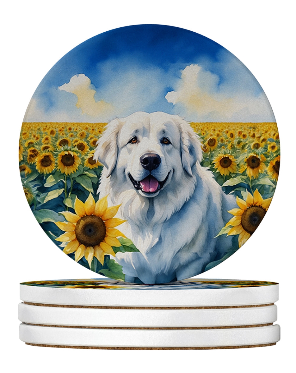 DAC6093RCS4 4 x 4 in. Great Pyrenees in Sunflowers Sandstone Coasters - Large - Pack of 4