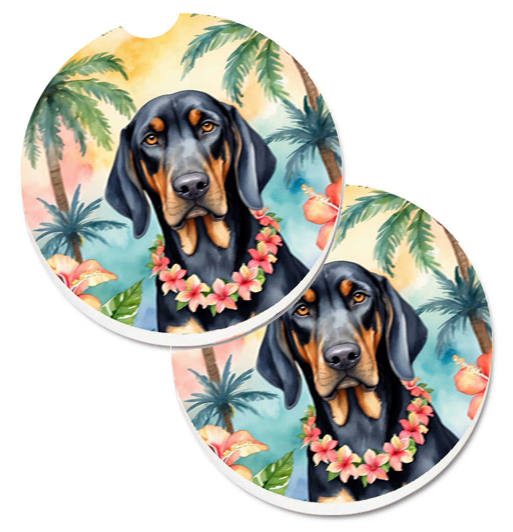 DAC6374CARC 2.5 x 2.5 in. Black & Tan Coonhound Luau Cup Holder Car Coasters - Set of 2