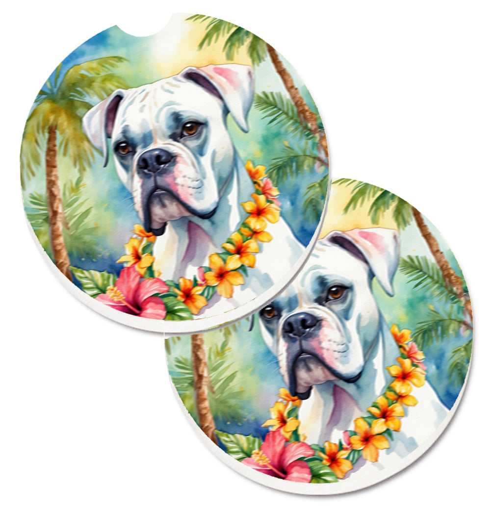 DAC6386CARC 2.5 x 2.5 in. White Boxer Luau Cup Holder Car Coasters - Set of 2