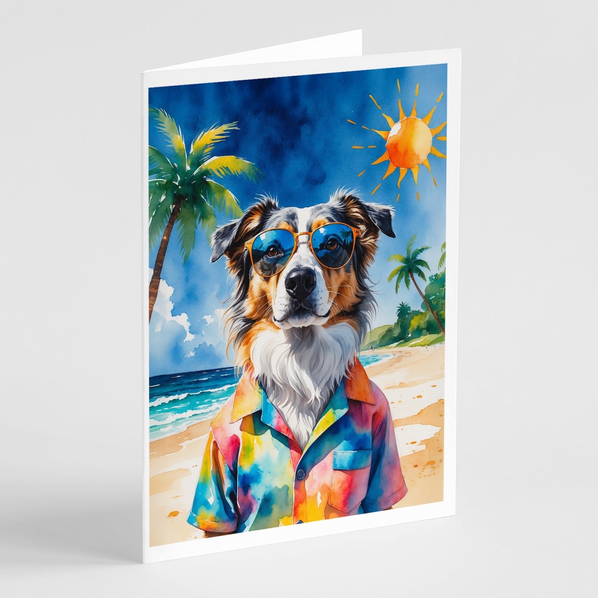 DAC8254GCA7P 5 x 7 in. Australian Shepherd Summer Beach Time Greeting Cards - Pack of 8