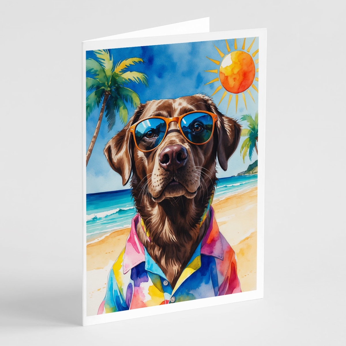 DAC8282GCA7P 5 x 7 in. Chocolate Labrador Retriever Summer Beach Time Greeting Cards - Pack of 8
