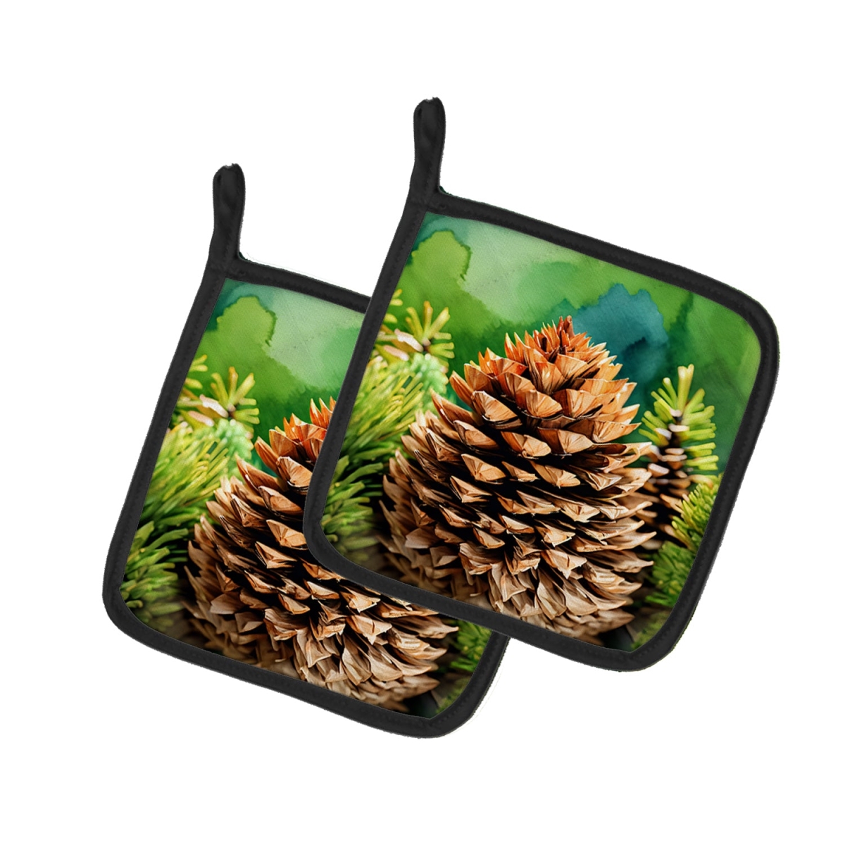 DAC1664PTHD 7.5 x 7.5 in. Maine White Pine Cone & Tassels in Watercolor Pair of Pot Holders