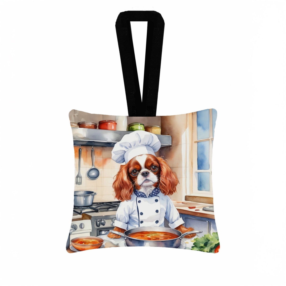 DAC6227PO3 3.5 x 3.5 in. Cavalier Spaniel The Chef Hanging Square Fabric Ornament