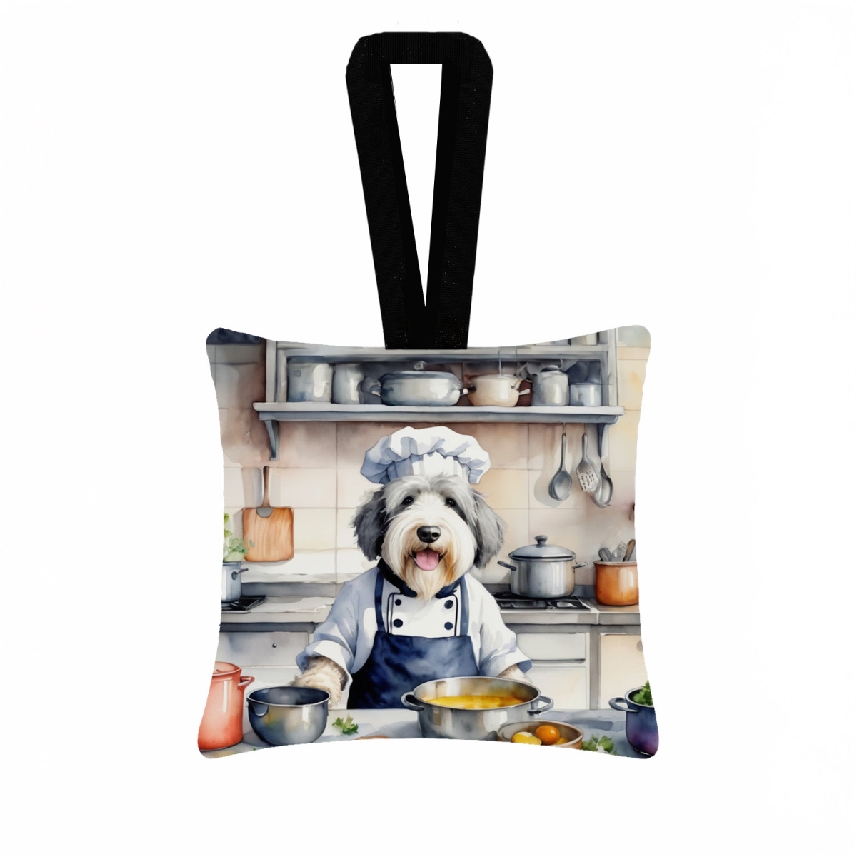 DAC6294PO3 3.5 x 3.5 in. Old English Sheepdog The Chef Hanging Square Fabric Ornament