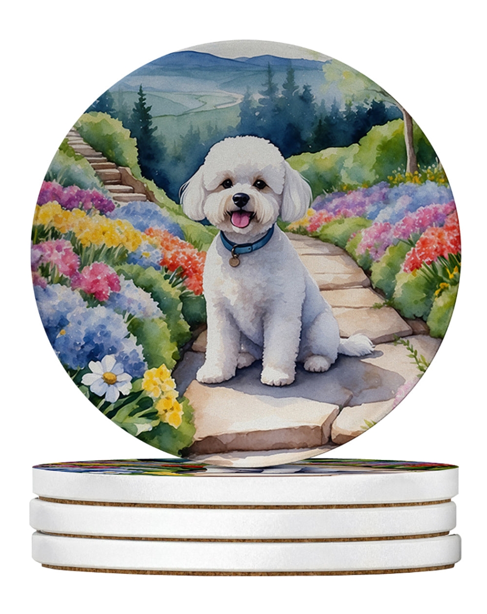 DAC6569RCS4 4 x 4 in. Bichon Frise Spring Path Sandstone Coasters - Large - Pack of 4