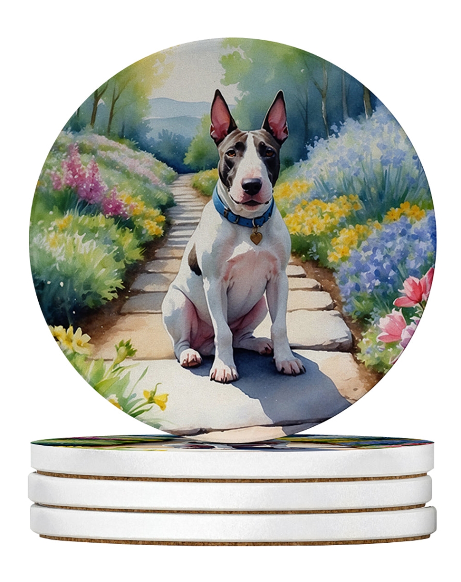 DAC6587RCS4 4 x 4 in. Bull Terrier Spring Path Sandstone Coasters - Large - Pack of 4