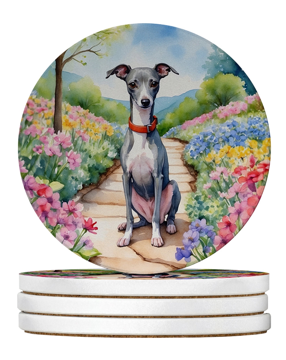 DAC6652RCS4 4 x 4 in. Italian Greyhound Spring Path Sandstone Coasters - Large - Pack of 4