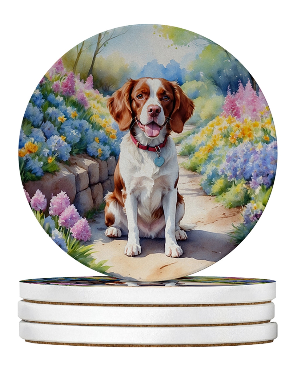 DAC6584RCS4 4 x 4 in. Brittany Spaniel Spring Path Sandstone Coasters - Large - Pack of 4