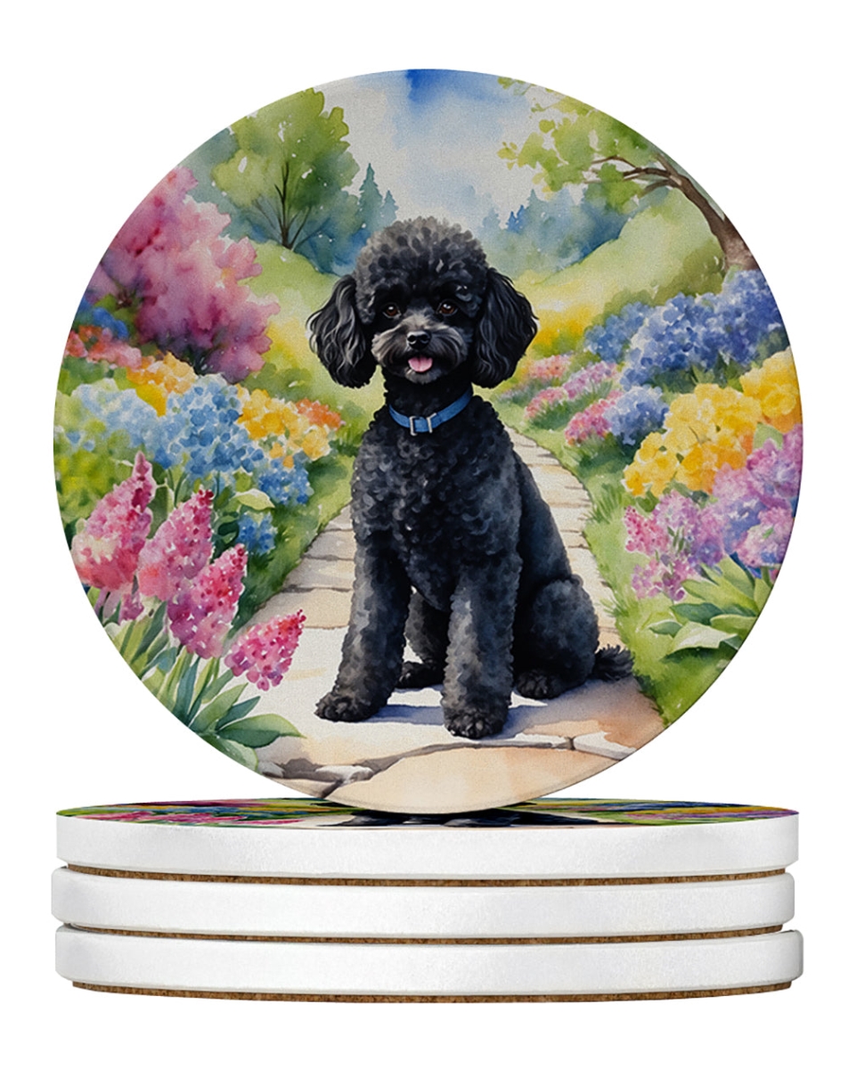 DAC6693RCS4 4 x 4 in. Black Poodle Spring Path Sandstone Coasters - Large - Pack of 4
