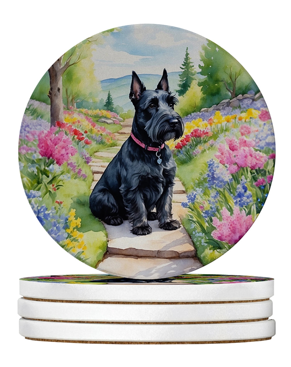 DAC6711RCS4 4 x 4 in. Scottish Terrier Spring Path Sandstone Coasters - Large - Pack of 4