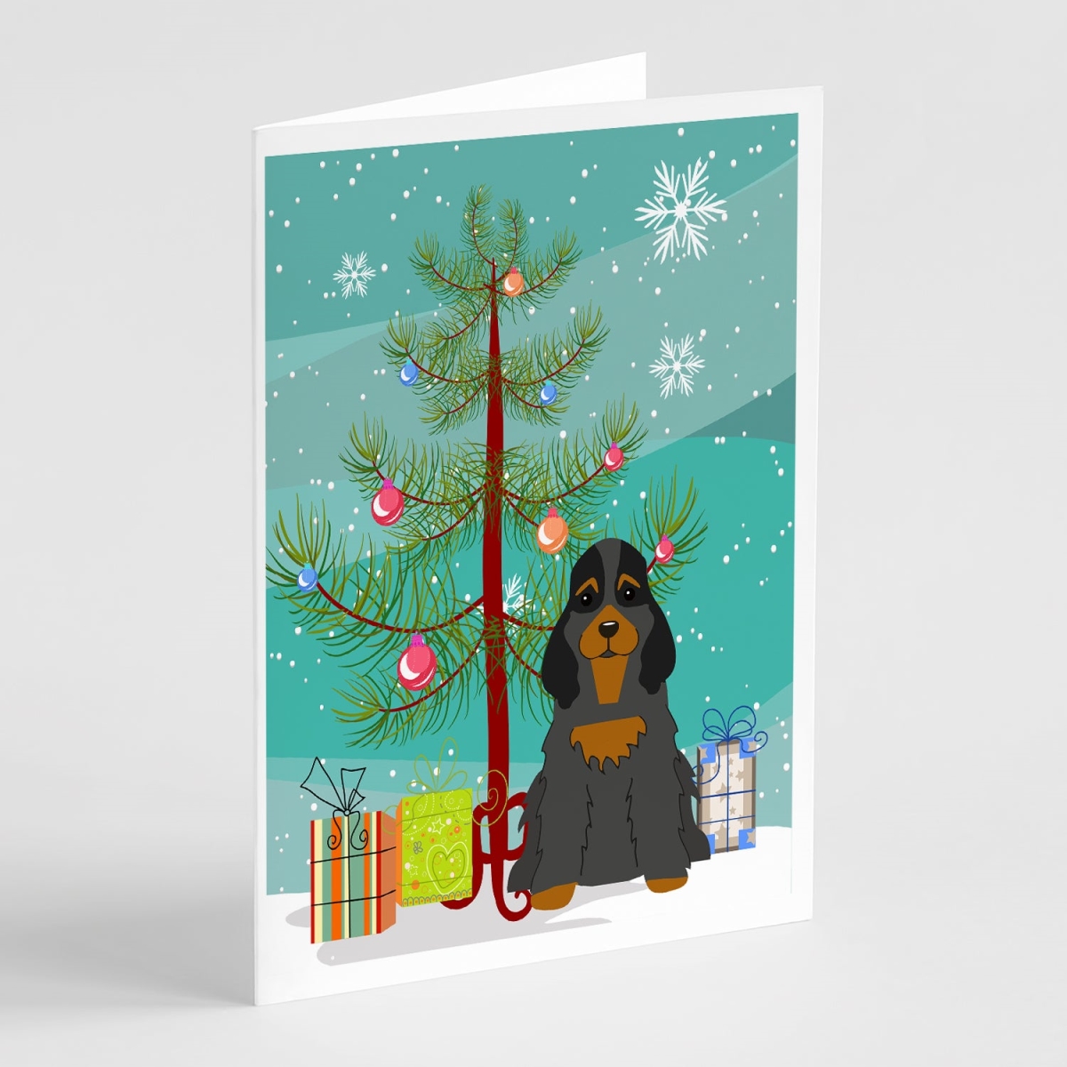 BB4218GCA7P 5 x 7 in. Merry Christmas Tree Cocker Spaniel Black Tan Greeting Cards - Pack of 8